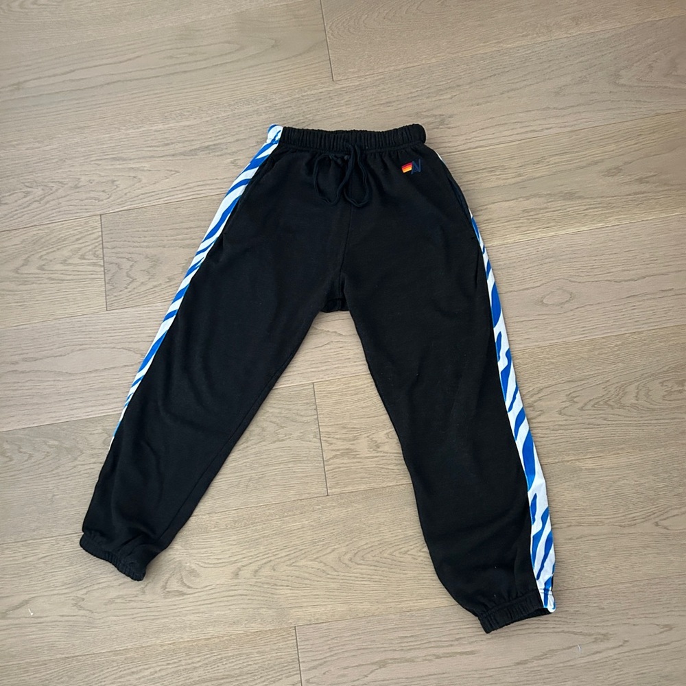Aviator Nation Black and Blue Joggers with Bold Stripes